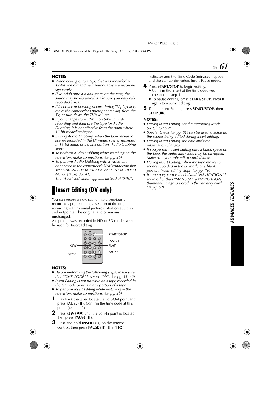 Insert editing, Insert editing (dv only), Pg. 61) | Pg. 61) are possible on tapes recorded in t | JVC 0503-FO-ID-VP User Manual | Page 61 / 114