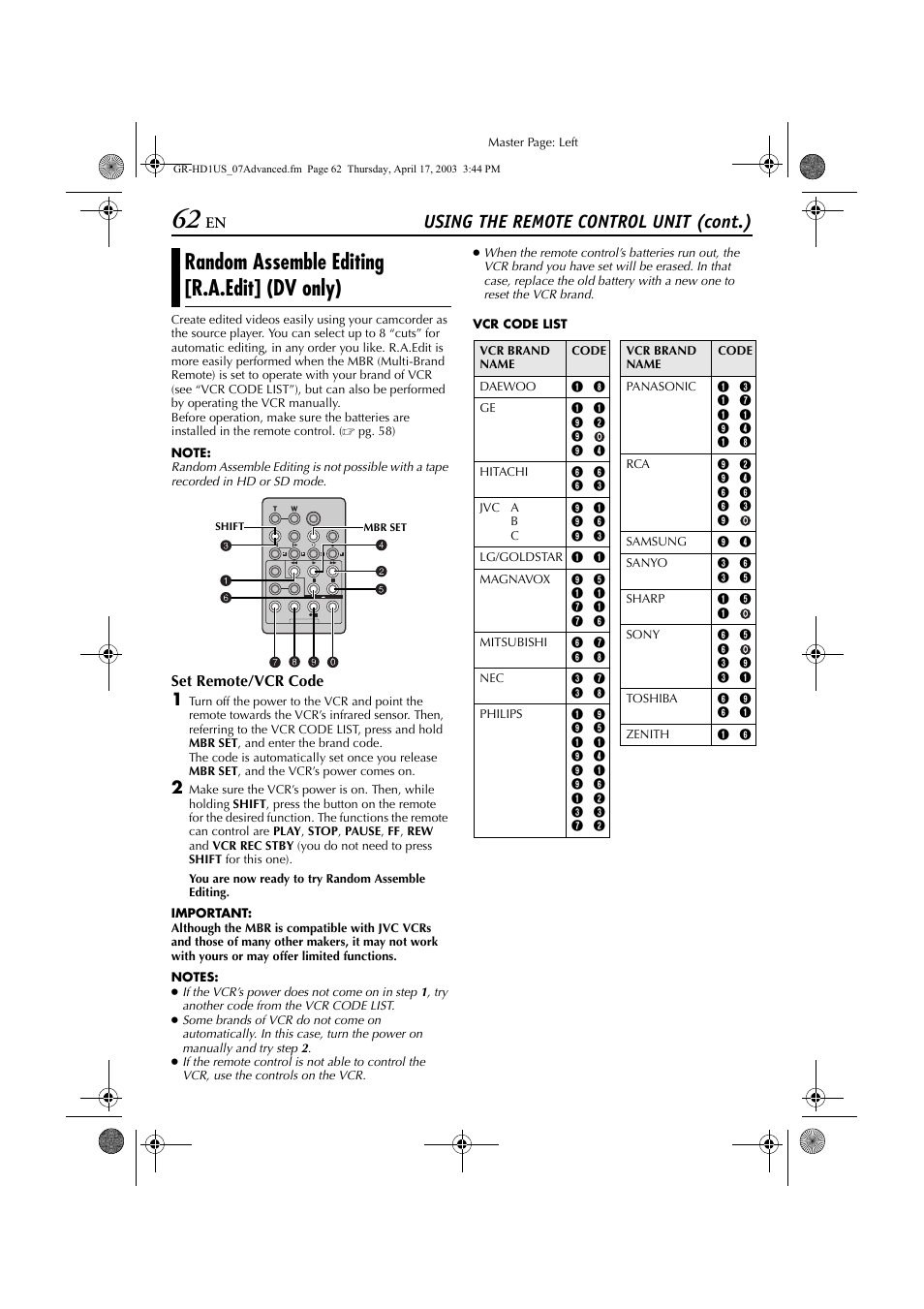 Random assemble editing [r.a.edit, Random assemble editing [r.a.edit] (dv only), Pg. 62) | Ting, Pg. 62, 66), time code is necessary, Using the remote control unit (cont.) | JVC 0503-FO-ID-VP User Manual | Page 62 / 114