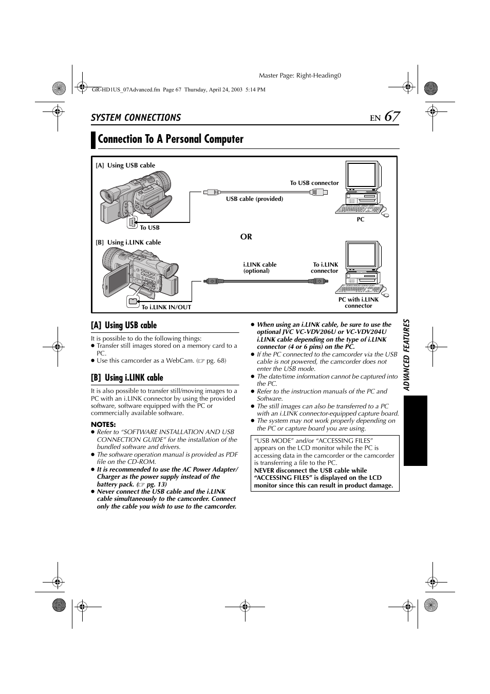 System connections, Connection to a personal computer, A] using usb cable | B] using i.link cable | JVC 0503-FO-ID-VP User Manual | Page 67 / 114