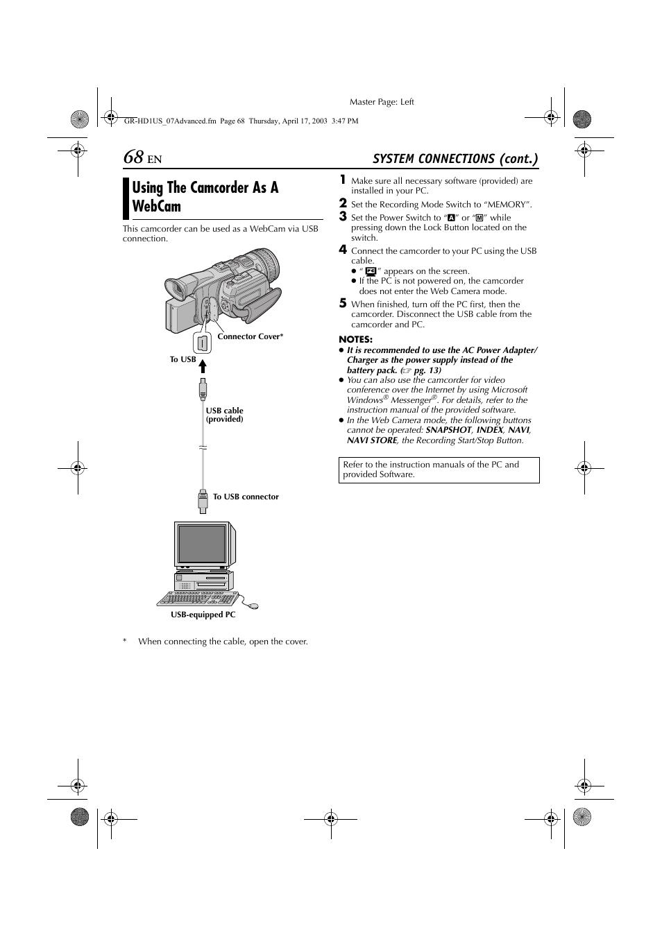 Using the camcorder as a webcam, Pg. 68), System connections (cont.) | JVC 0503-FO-ID-VP User Manual | Page 68 / 114