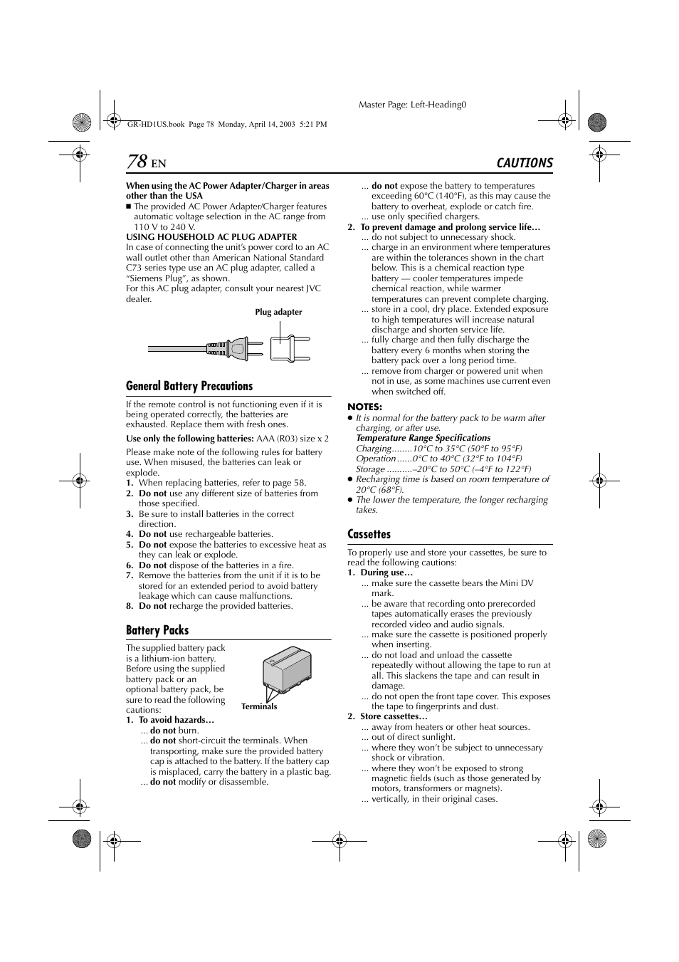 Cautions, General battery precautions, Pg. 78) | Battery packs, Cassettes | JVC 0503-FO-ID-VP User Manual | Page 78 / 114