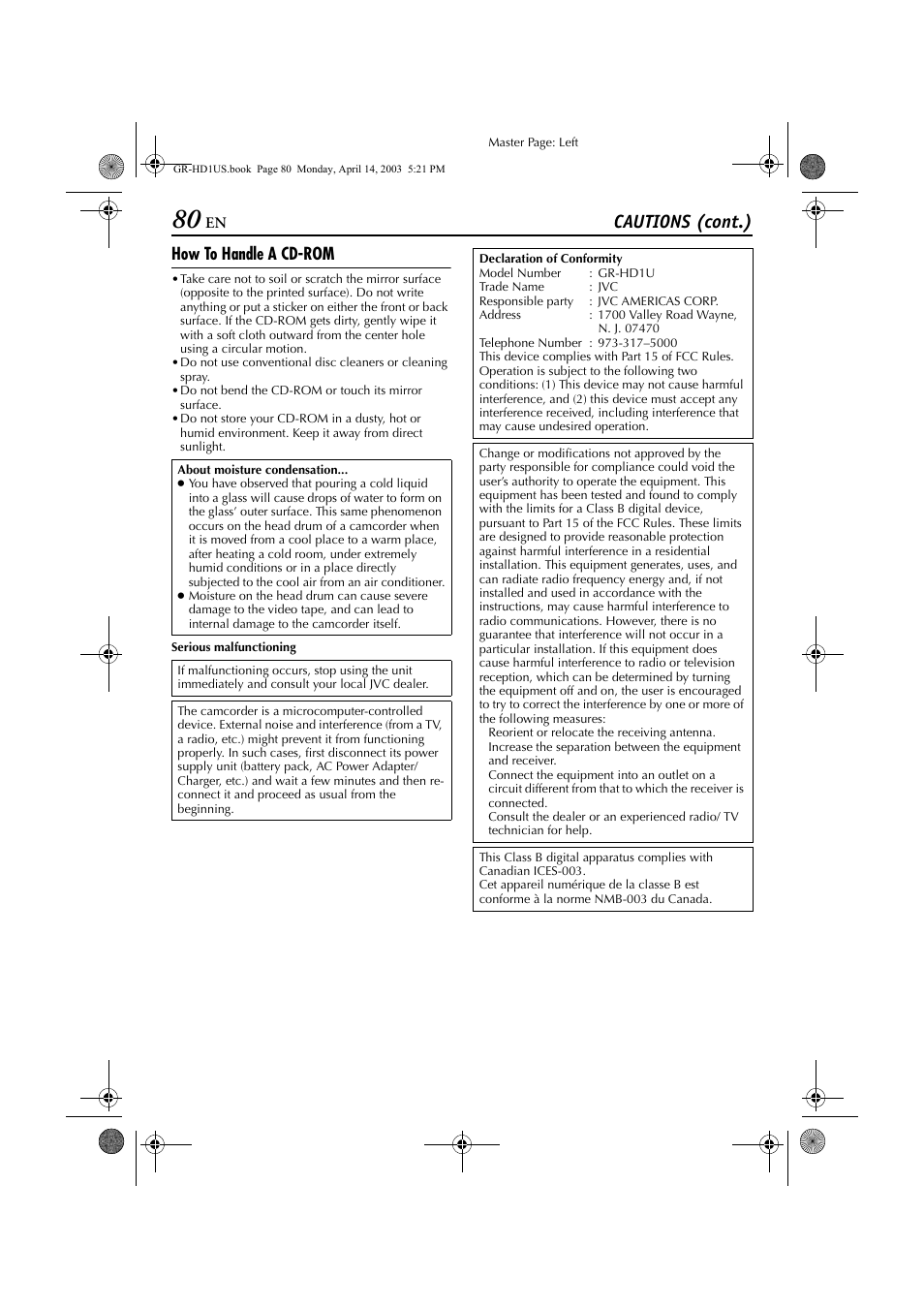 H 80, Cautions (cont.), How to handle a cd-rom | JVC 0503-FO-ID-VP User Manual | Page 80 / 114