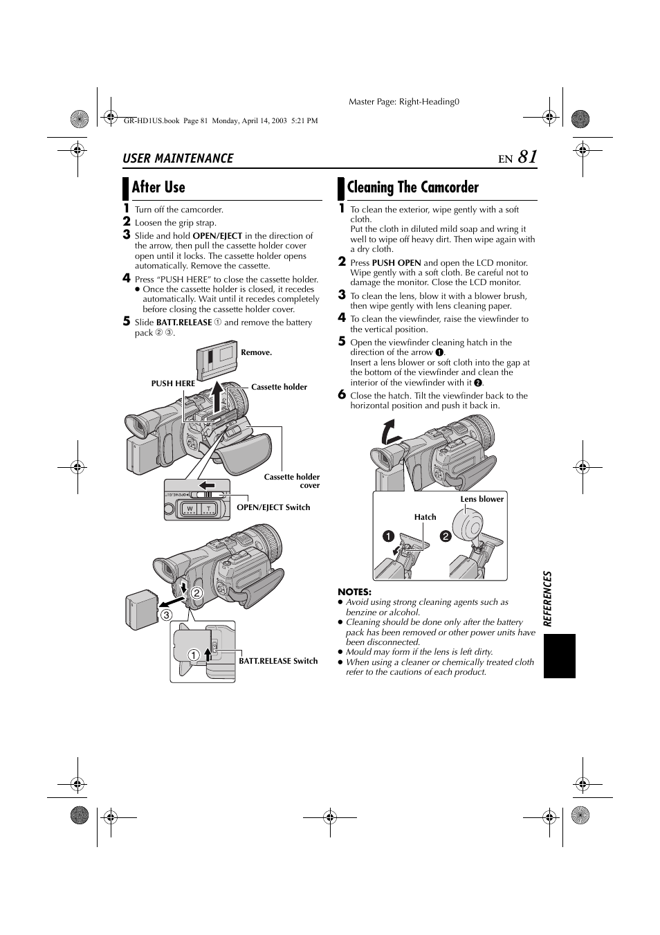 User maintenance, Eep the lens clean, Pg. 81) | Gain, Pg. 81) t, After use, Cleaning the camcorder | JVC 0503-FO-ID-VP User Manual | Page 81 / 114