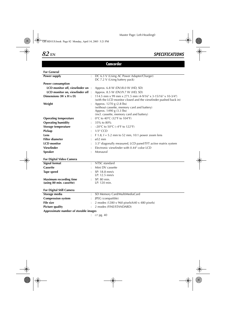 Specifications, Camcorder | JVC 0503-FO-ID-VP User Manual | Page 82 / 114