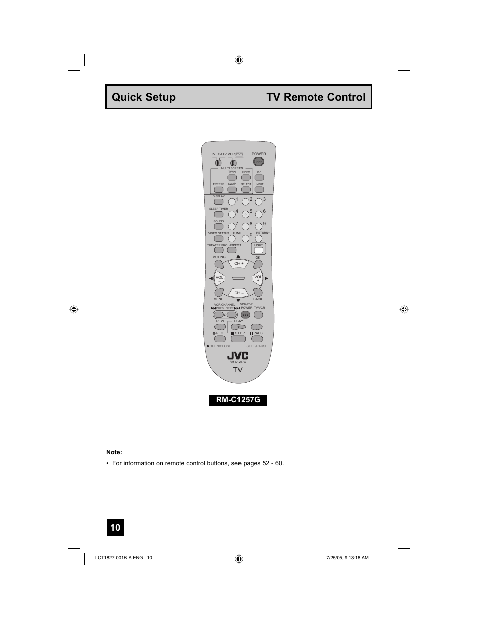 Quick setup tv remote control, Rm-c1257g | JVC 0705TNH-II-IM User Manual | Page 10 / 68