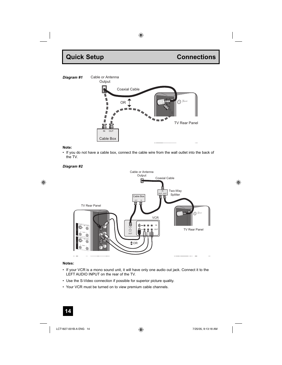Quick setup connections, Coaxial cable cable or antenna output cable box, Or tv rear panel diagram #1 | JVC 0705TNH-II-IM User Manual | Page 14 / 68