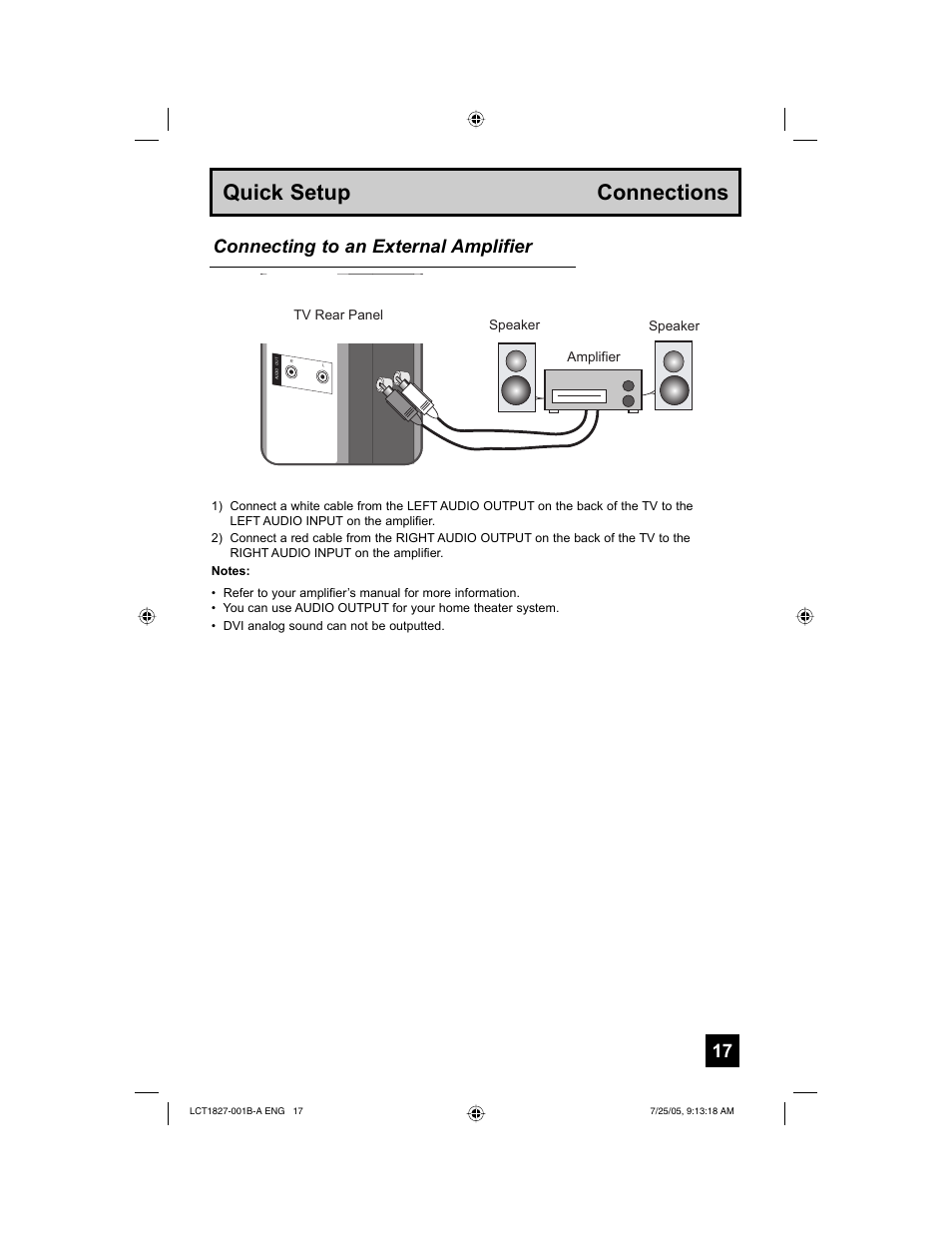 Quick setup connections, Connecting to an external amplifier | JVC 0705TNH-II-IM User Manual | Page 17 / 68