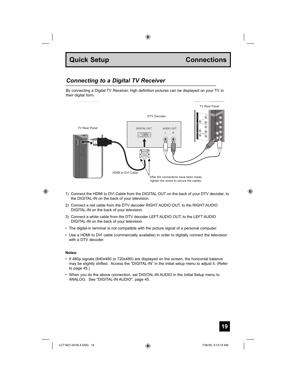 Quick setup connections, Connecting to a digital tv receiver | JVC 0705TNH-II-IM User Manual | Page 19 / 68