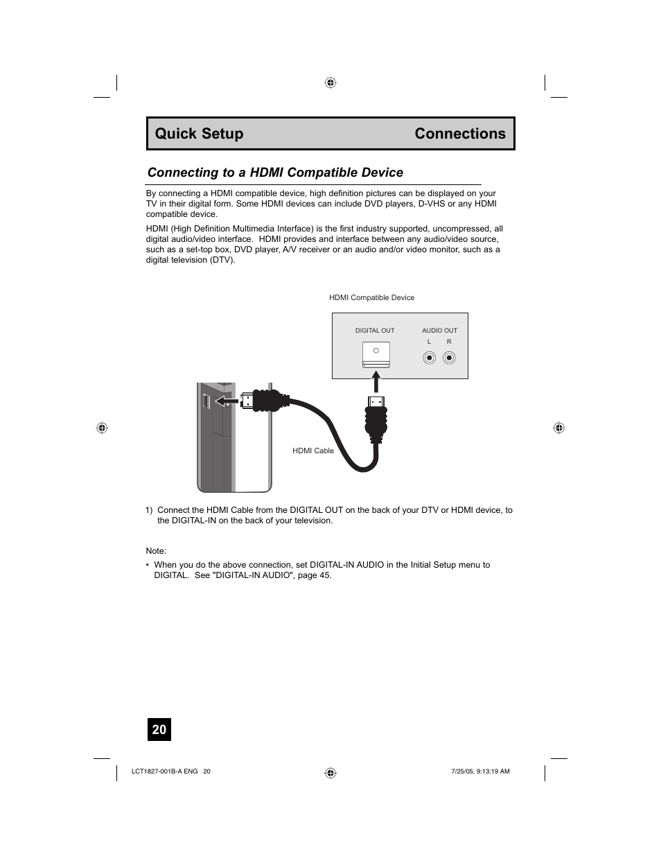 Quick setup connections, Connecting to a hdmi compatible device | JVC 0705TNH-II-IM User Manual | Page 20 / 68