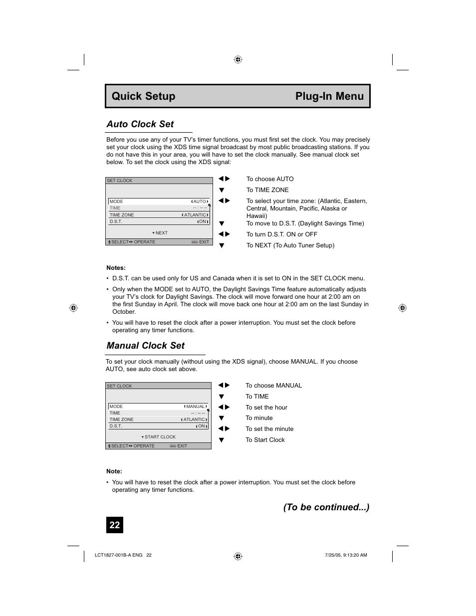 Quick setup plug-in menu, Manual clock set, Auto clock set (to be continued...) | JVC 0705TNH-II-IM User Manual | Page 22 / 68