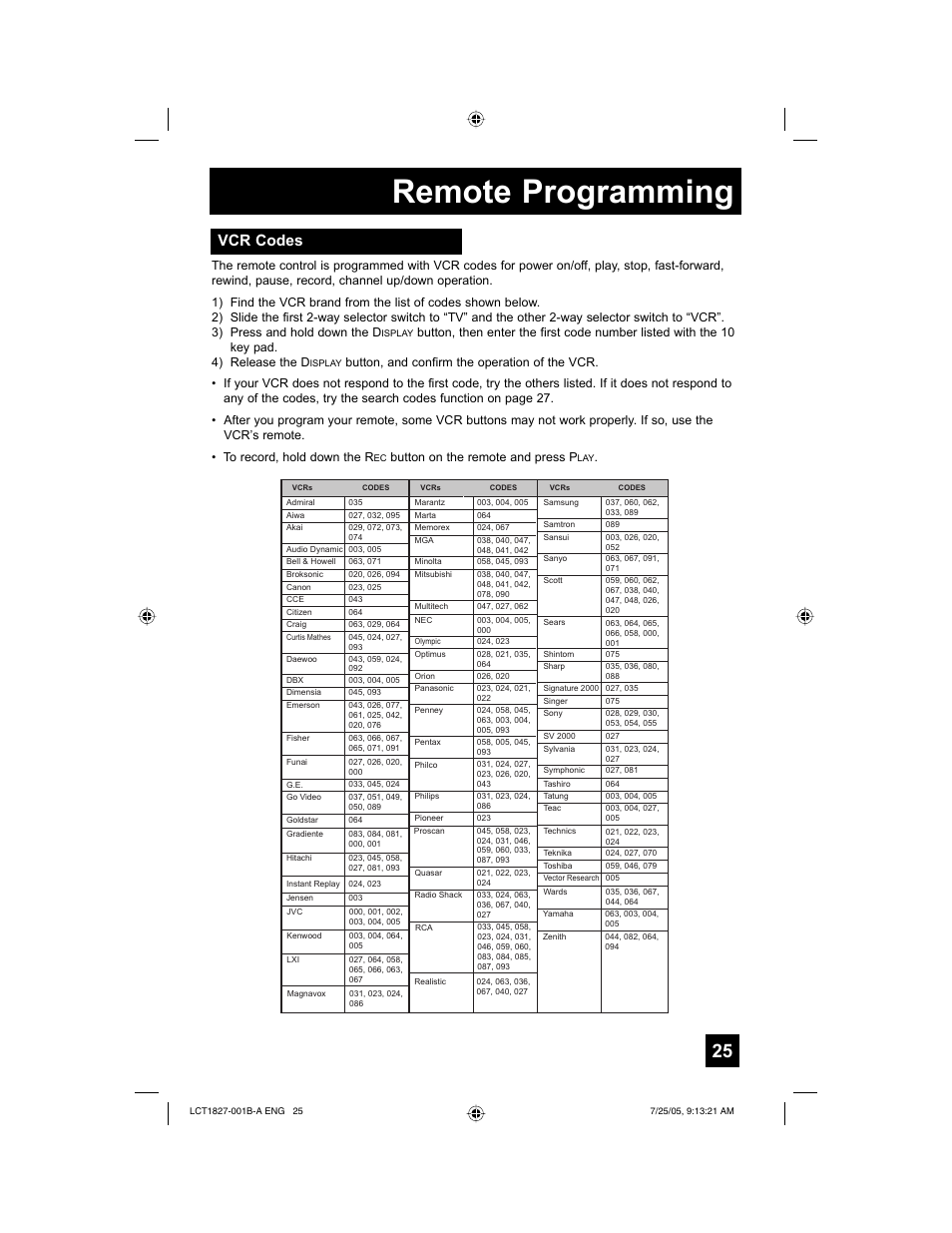 Remote programming, Vcr codes | JVC 0705TNH-II-IM User Manual | Page 25 / 68