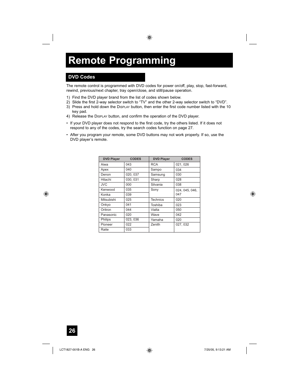 Remote programming, Dvd codes | JVC 0705TNH-II-IM User Manual | Page 26 / 68
