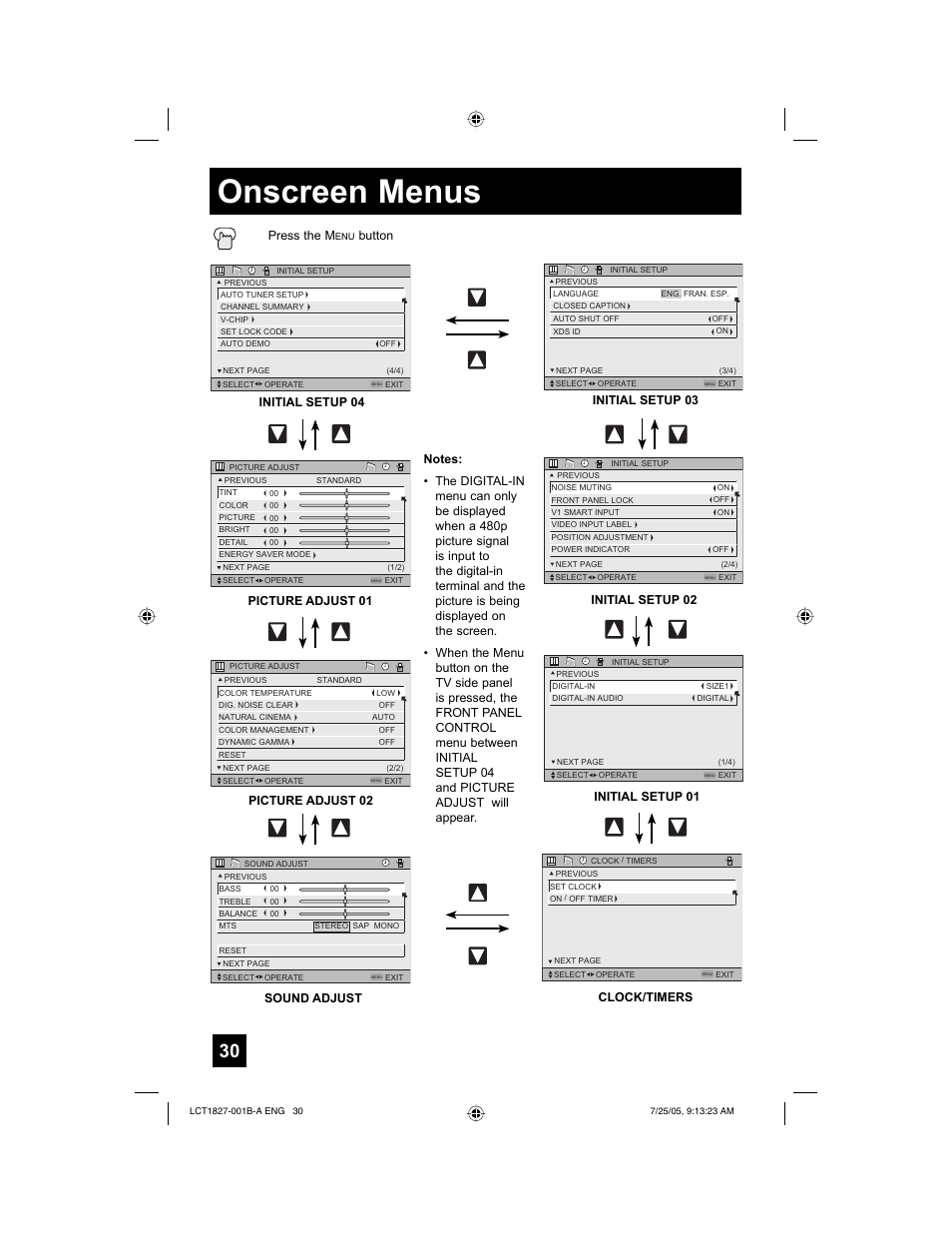 Onscreen menus, Press the m, Clock/timers | Initial setup 03 initial setup 02, Initial setup 01 | JVC 0705TNH-II-IM User Manual | Page 30 / 68