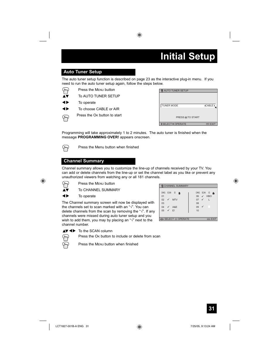 Initial setup, Auto tuner setup, Channel summary | JVC 0705TNH-II-IM User Manual | Page 31 / 68