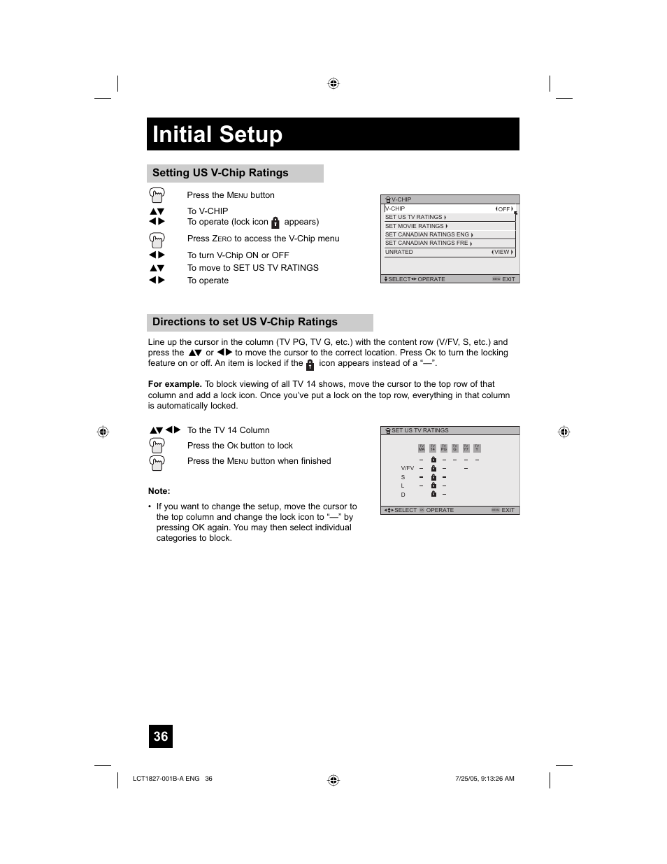 Initial setup, Directions to set us v-chip ratings, Setting us v-chip ratings | JVC 0705TNH-II-IM User Manual | Page 36 / 68