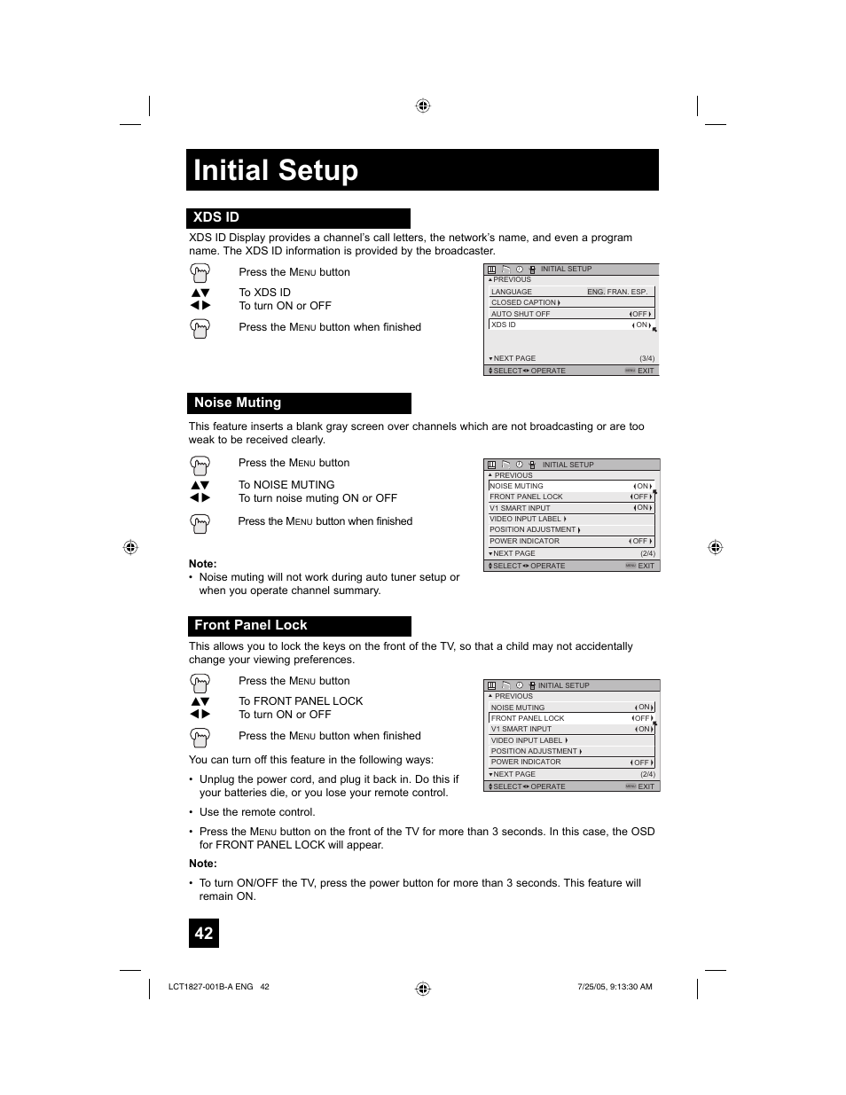 Initial setup, Xds id, Noise muting | Front panel lock | JVC 0705TNH-II-IM User Manual | Page 42 / 68