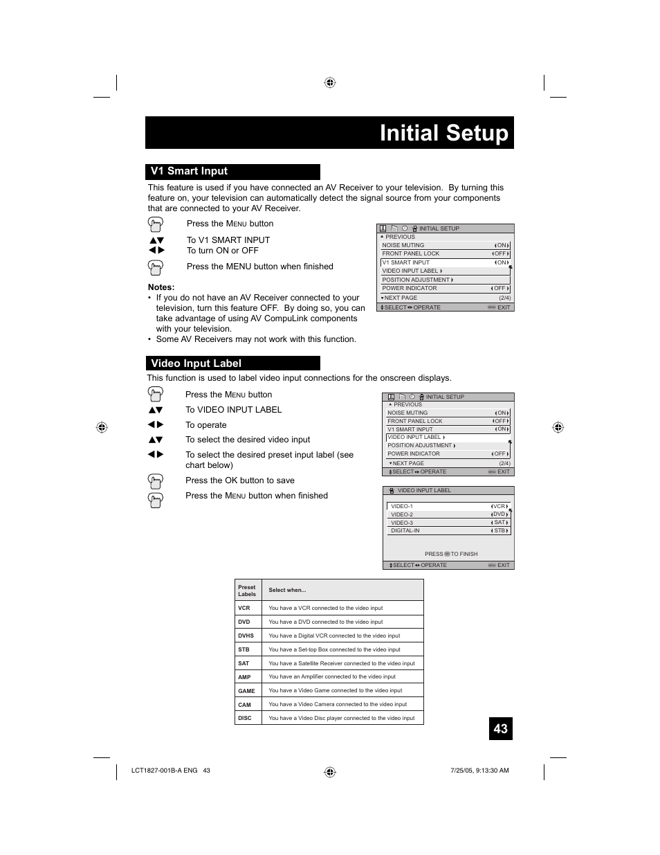 Initial setup, V1 smart input, Video input label | JVC 0705TNH-II-IM User Manual | Page 43 / 68