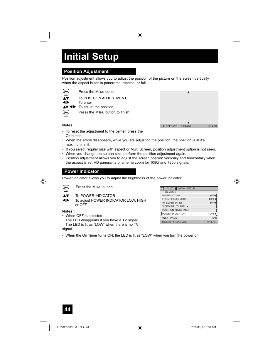 Initial setup, Position adjustment, Power indicator | JVC 0705TNH-II-IM User Manual | Page 44 / 68