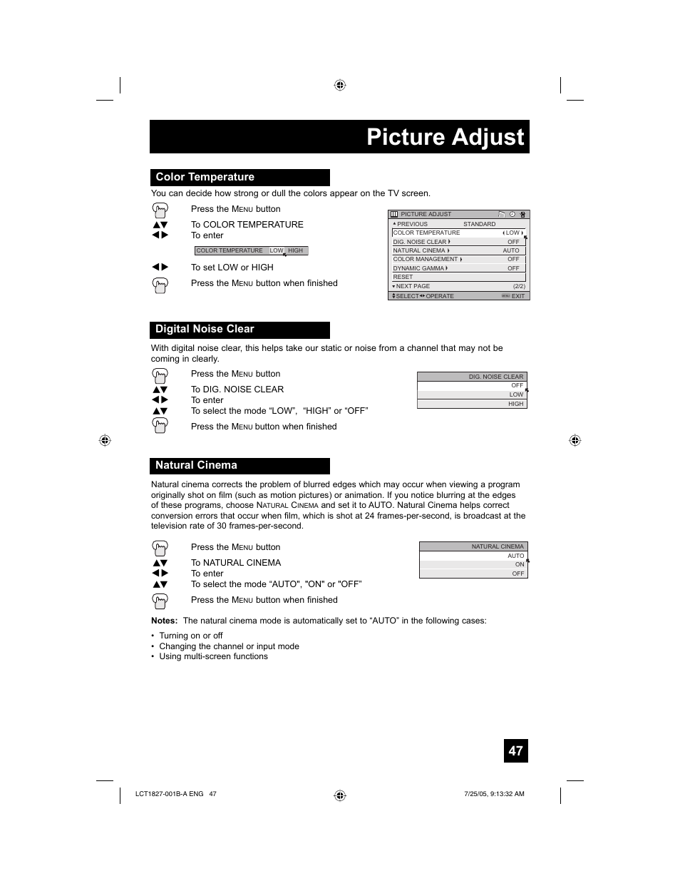 Picture adjust, Color temperature, Digital noise clear natural cinema | JVC 0705TNH-II-IM User Manual | Page 47 / 68