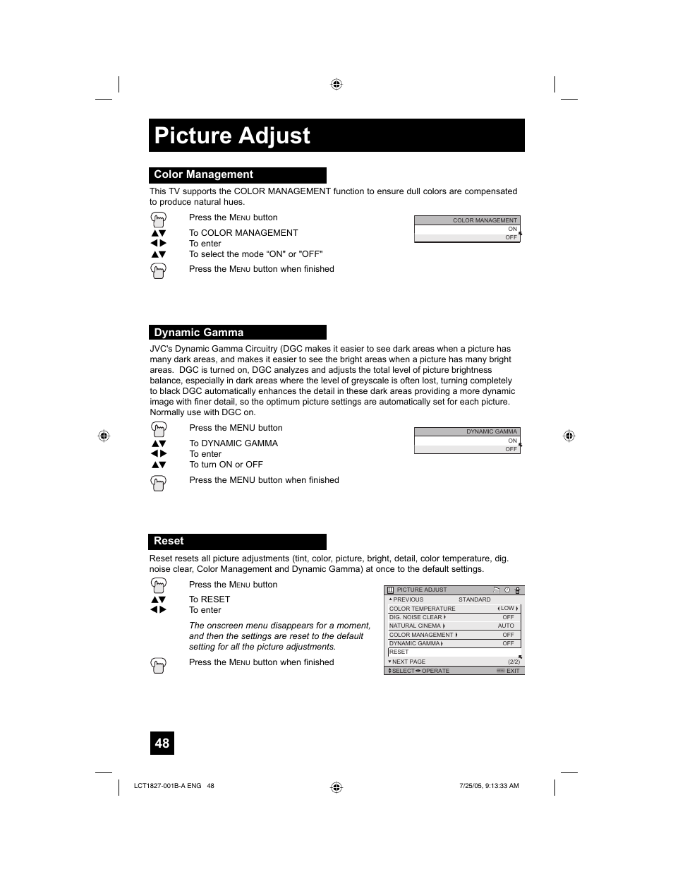 Picture adjust, Color management, Reset | Dynamic gamma | JVC 0705TNH-II-IM User Manual | Page 48 / 68