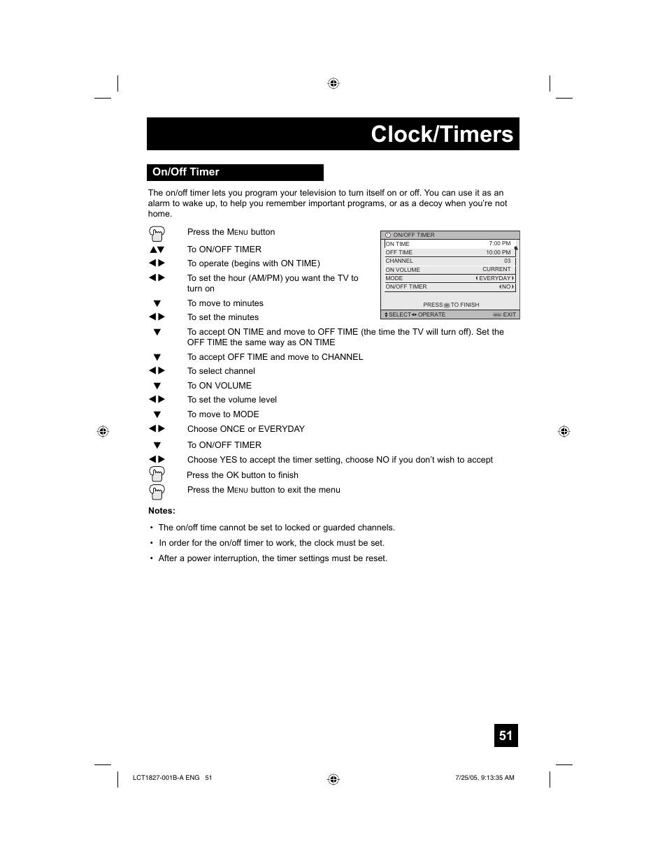 Clock/timers, On/off timer | JVC 0705TNH-II-IM User Manual | Page 51 / 68