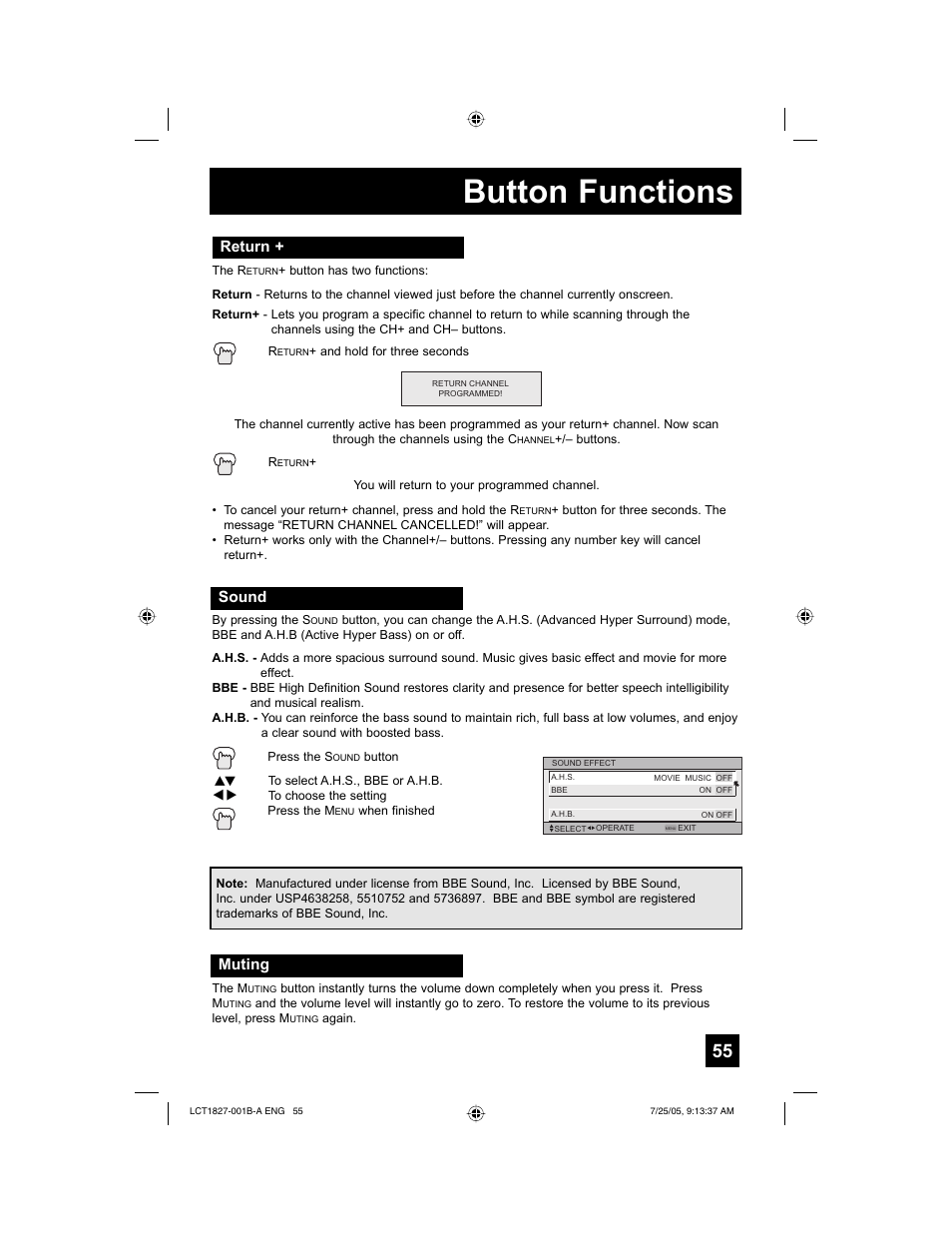 Button functions, Return, Sound | Muting | JVC 0705TNH-II-IM User Manual | Page 55 / 68
