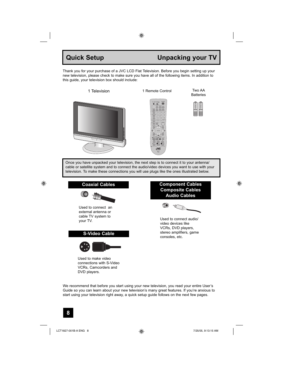 Quick setup unpacking your tv, Coaxial cables s-video cable, Component cables composite cables audio cables | 1 television, Two aa batteries | JVC 0705TNH-II-IM User Manual | Page 8 / 68