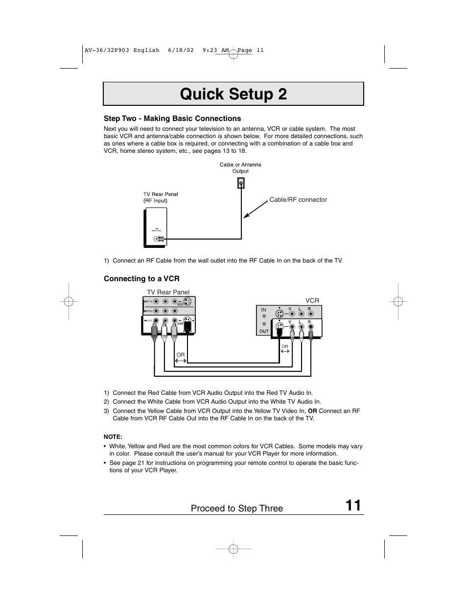 Quick setup 2, Proceed to step three | JVC AV 32P903 User Manual | Page 11 / 60