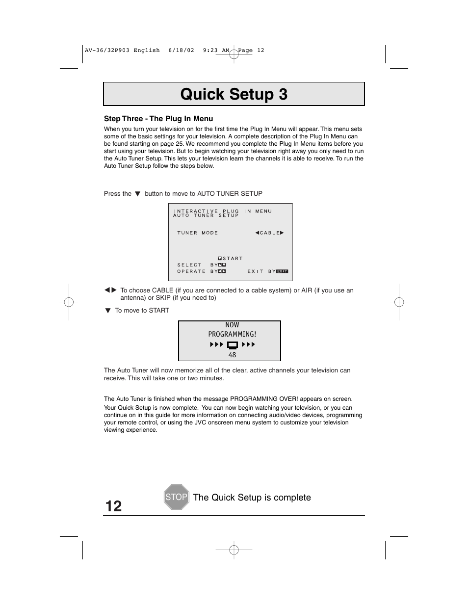 Quick setup 3 | JVC AV 32P903 User Manual | Page 12 / 60