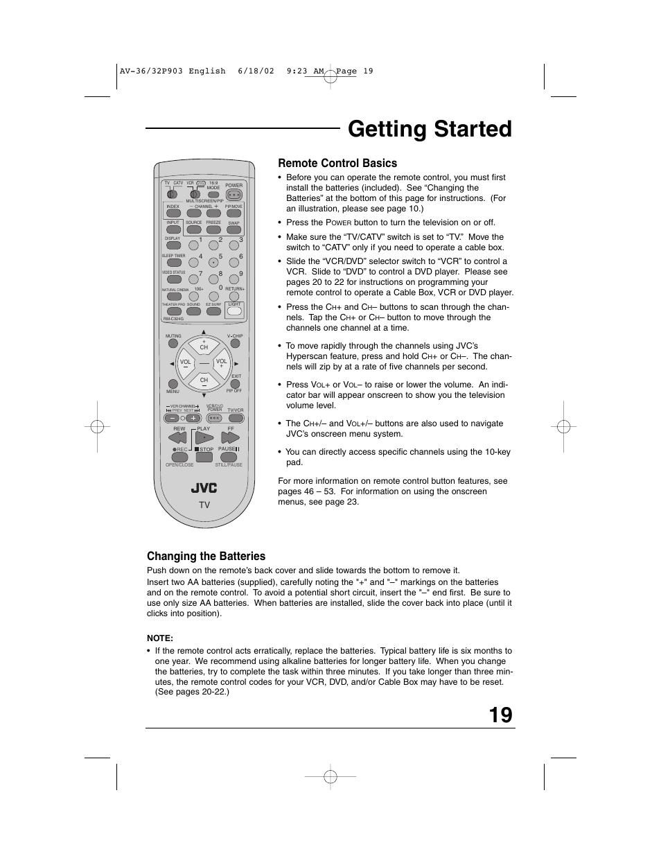 Getting started, Changing the batteries, Remote control basics | JVC AV 32P903 User Manual | Page 19 / 60