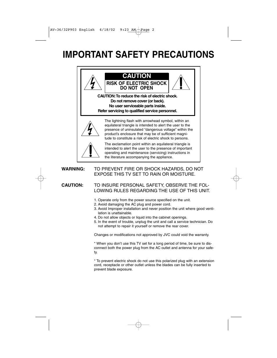 Important safety precautions, Caution | JVC AV 32P903 User Manual | Page 2 / 60