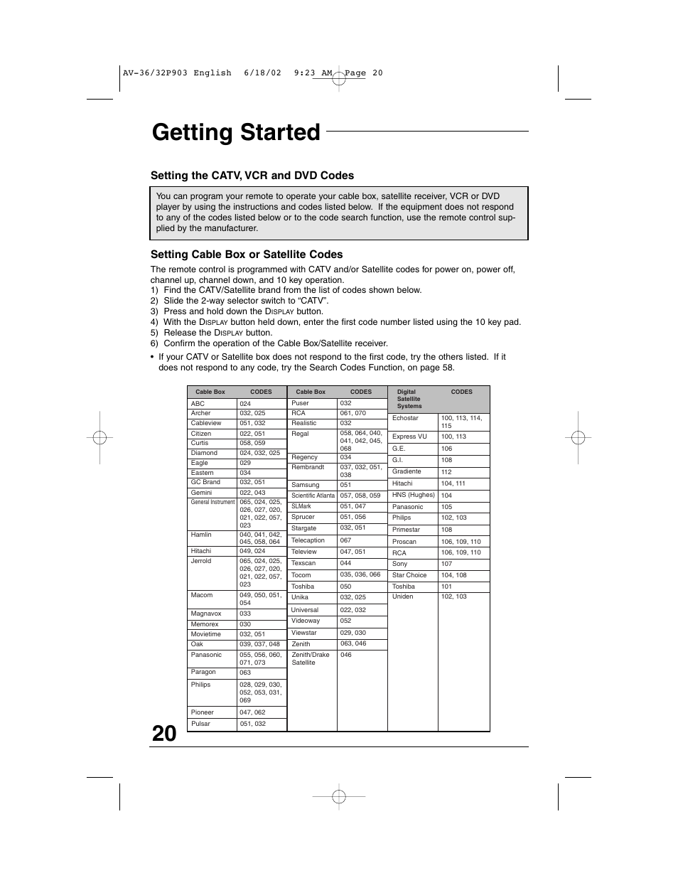 Getting started, Setting the catv, vcr and dvd codes, Setting cable box or satellite codes | JVC AV 32P903 User Manual | Page 20 / 60