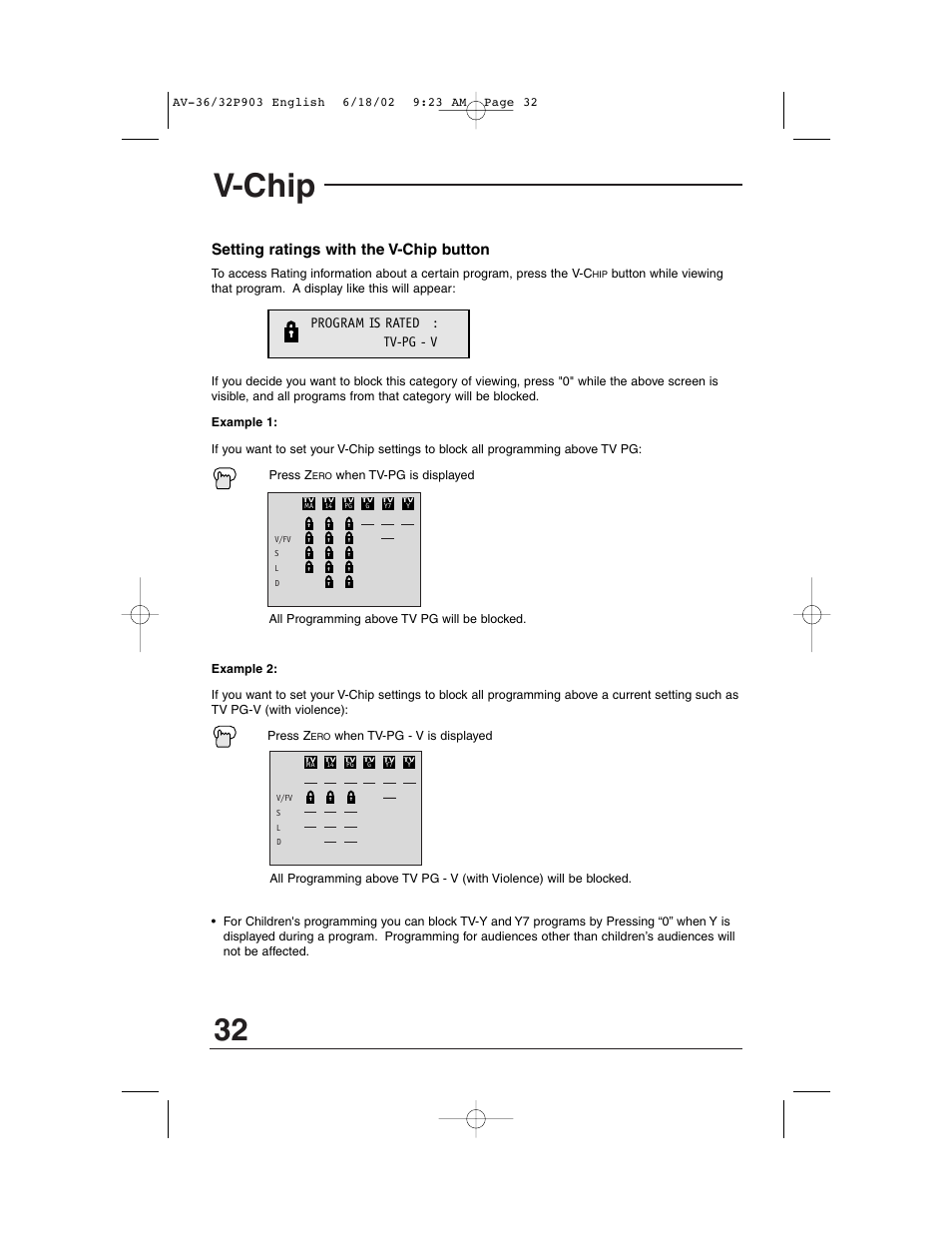 V-chip, Setting ratings with the v-chip button, Program is rated : tv-pg - v | JVC AV 32P903 User Manual | Page 32 / 60