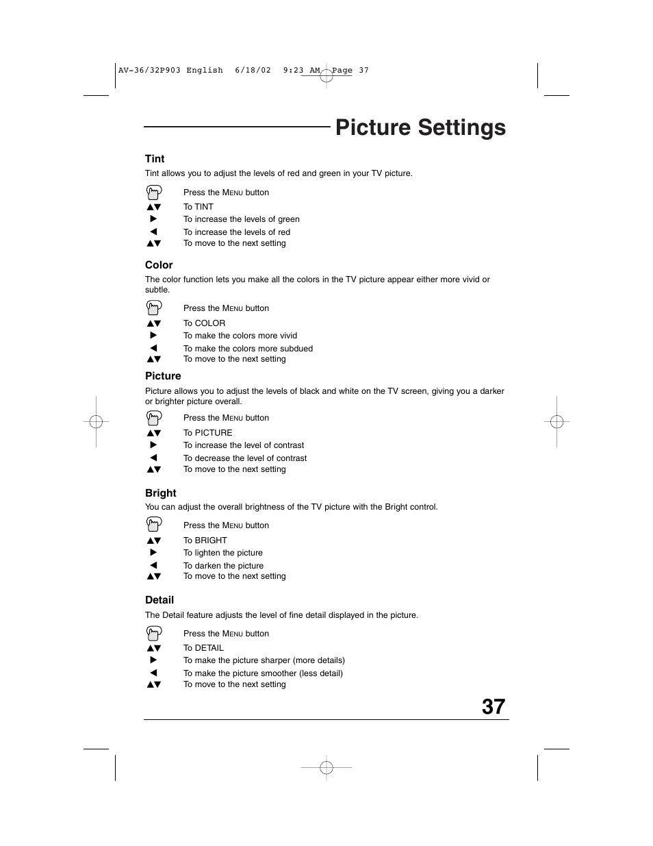 Picture settings | JVC AV 32P903 User Manual | Page 37 / 60