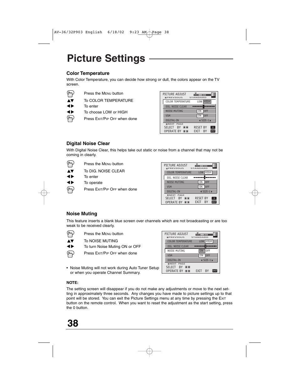 Picture settings, Color temperature digital noise clear, Noise muting | JVC AV 32P903 User Manual | Page 38 / 60