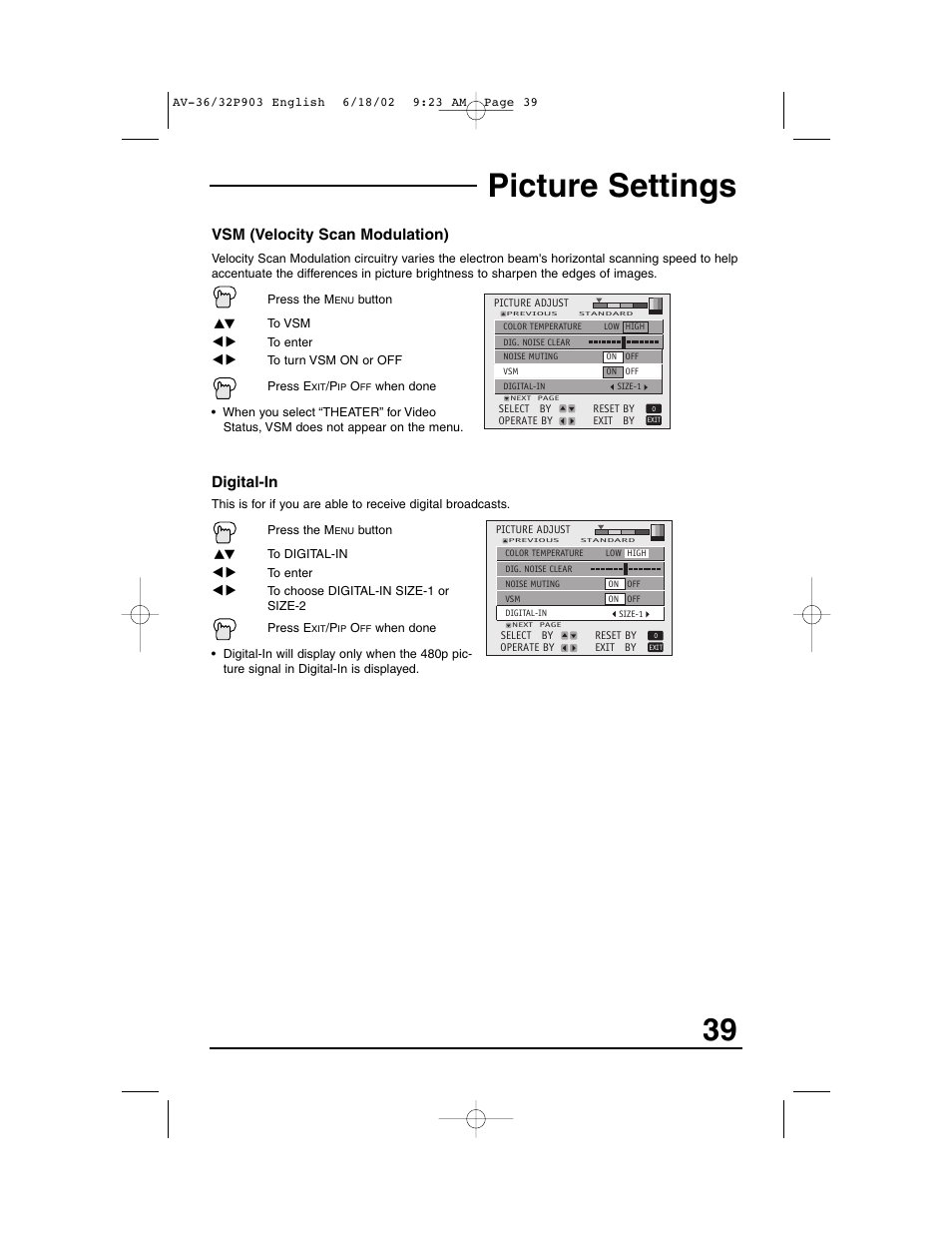 Picture settings, Vsm (velocity scan modulation), Digital-in | JVC AV 32P903 User Manual | Page 39 / 60