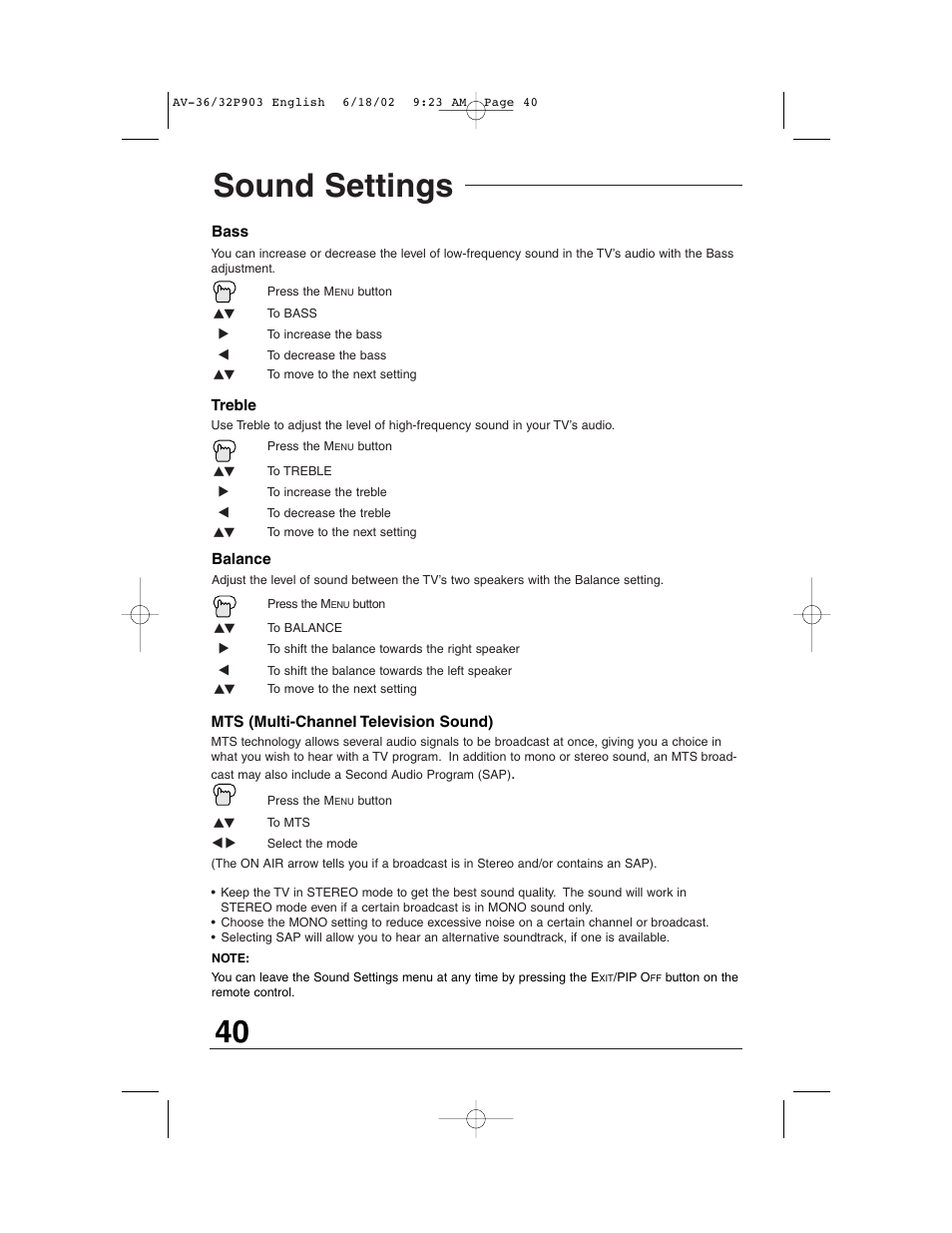 Sound settings | JVC AV 32P903 User Manual | Page 40 / 60