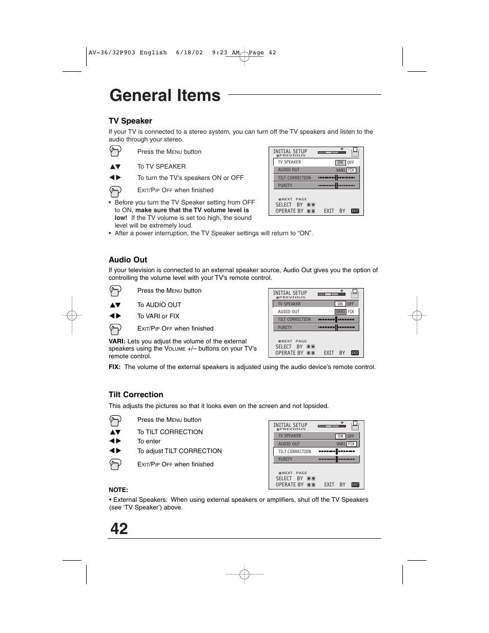 General items, Tv speaker, Audio out tilt correction | JVC AV 32P903 User Manual | Page 42 / 60