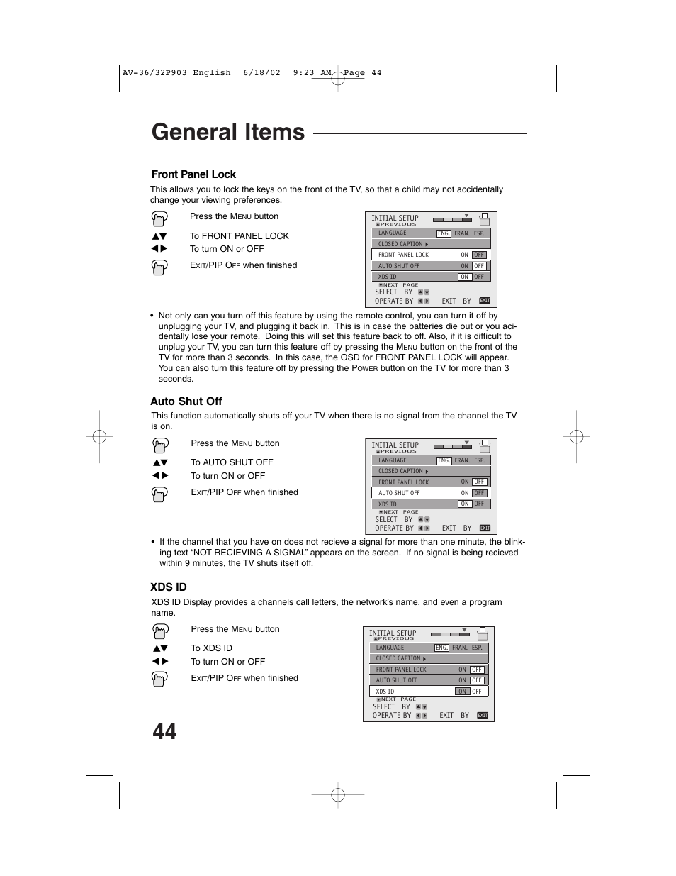 General items, Front panel lock, Auto shut off | Xds id | JVC AV 32P903 User Manual | Page 44 / 60