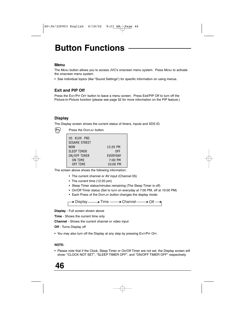 Button functions | JVC AV 32P903 User Manual | Page 46 / 60