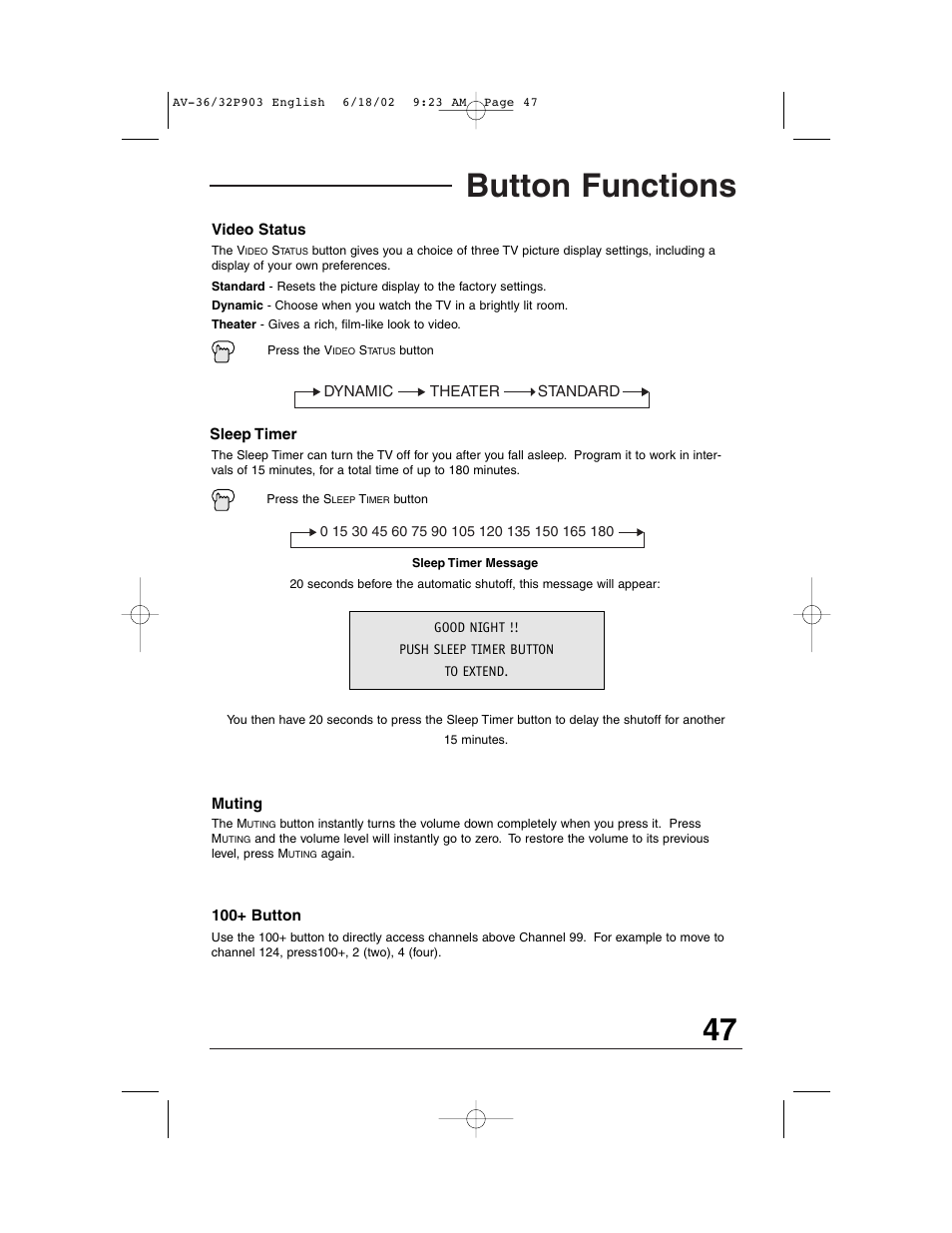 Button functions | JVC AV 32P903 User Manual | Page 47 / 60