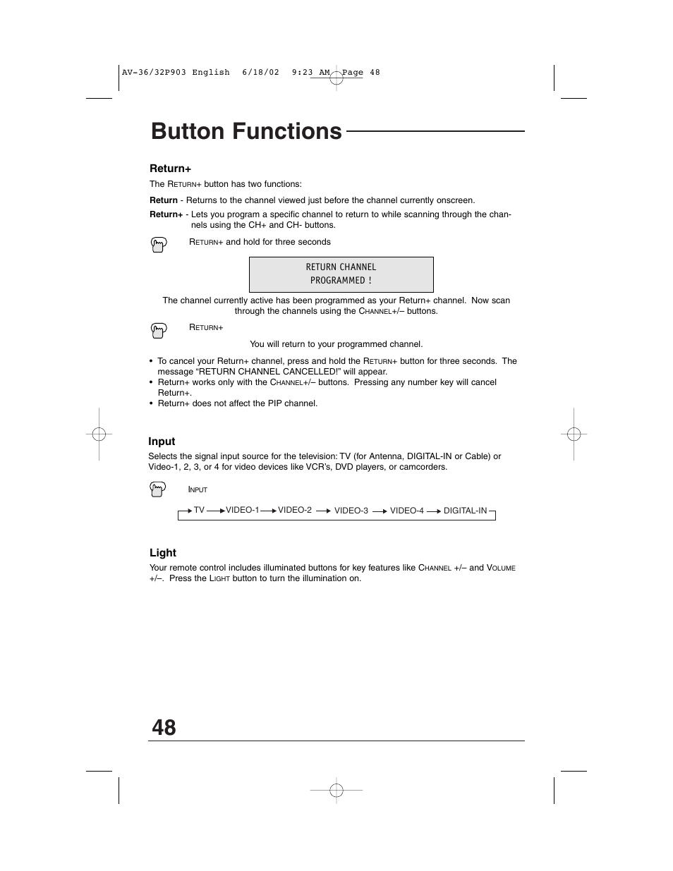 Button functions | JVC AV 32P903 User Manual | Page 48 / 60