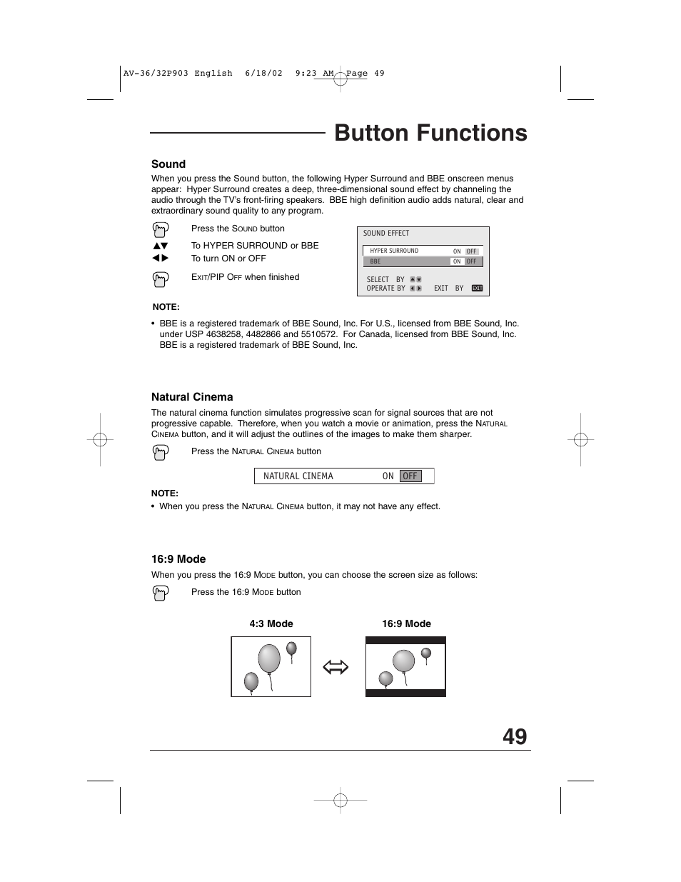 Button functions | JVC AV 32P903 User Manual | Page 49 / 60