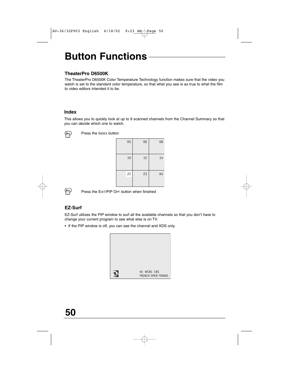 Button functions | JVC AV 32P903 User Manual | Page 50 / 60
