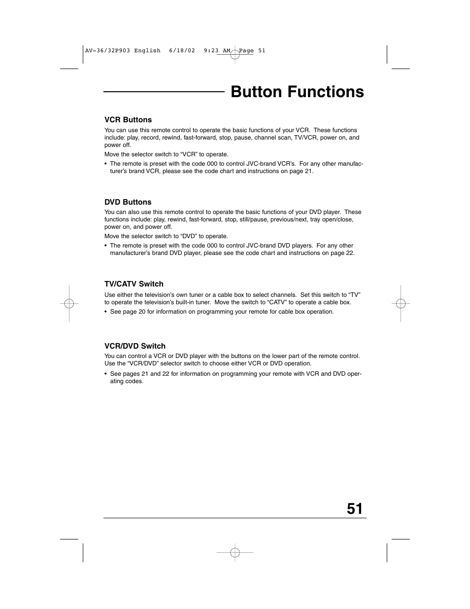 Button functions | JVC AV 32P903 User Manual | Page 51 / 60