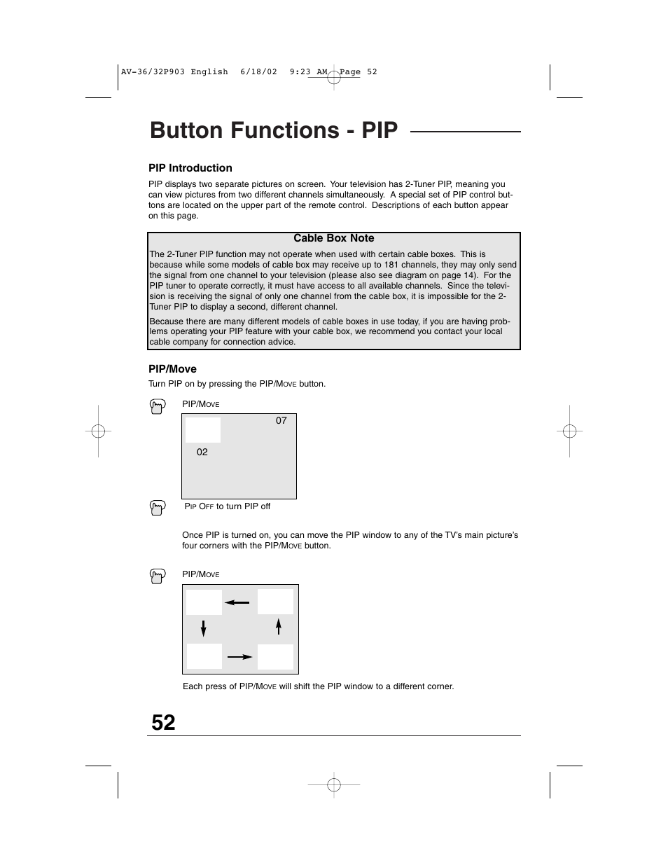 Button functions - pip | JVC AV 32P903 User Manual | Page 52 / 60