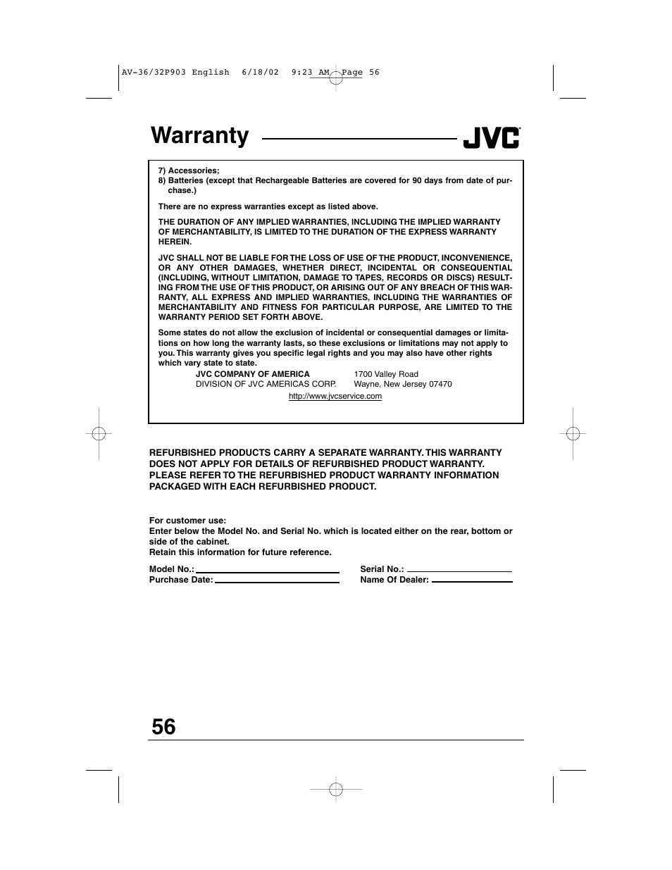 Warranty | JVC AV 32P903 User Manual | Page 56 / 60