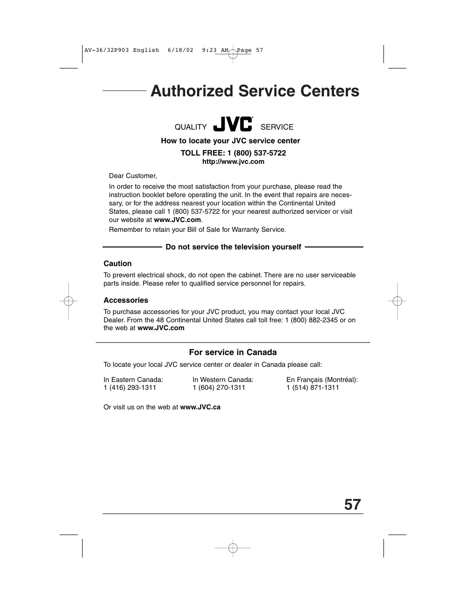 Authorized service centers | JVC AV 32P903 User Manual | Page 57 / 60