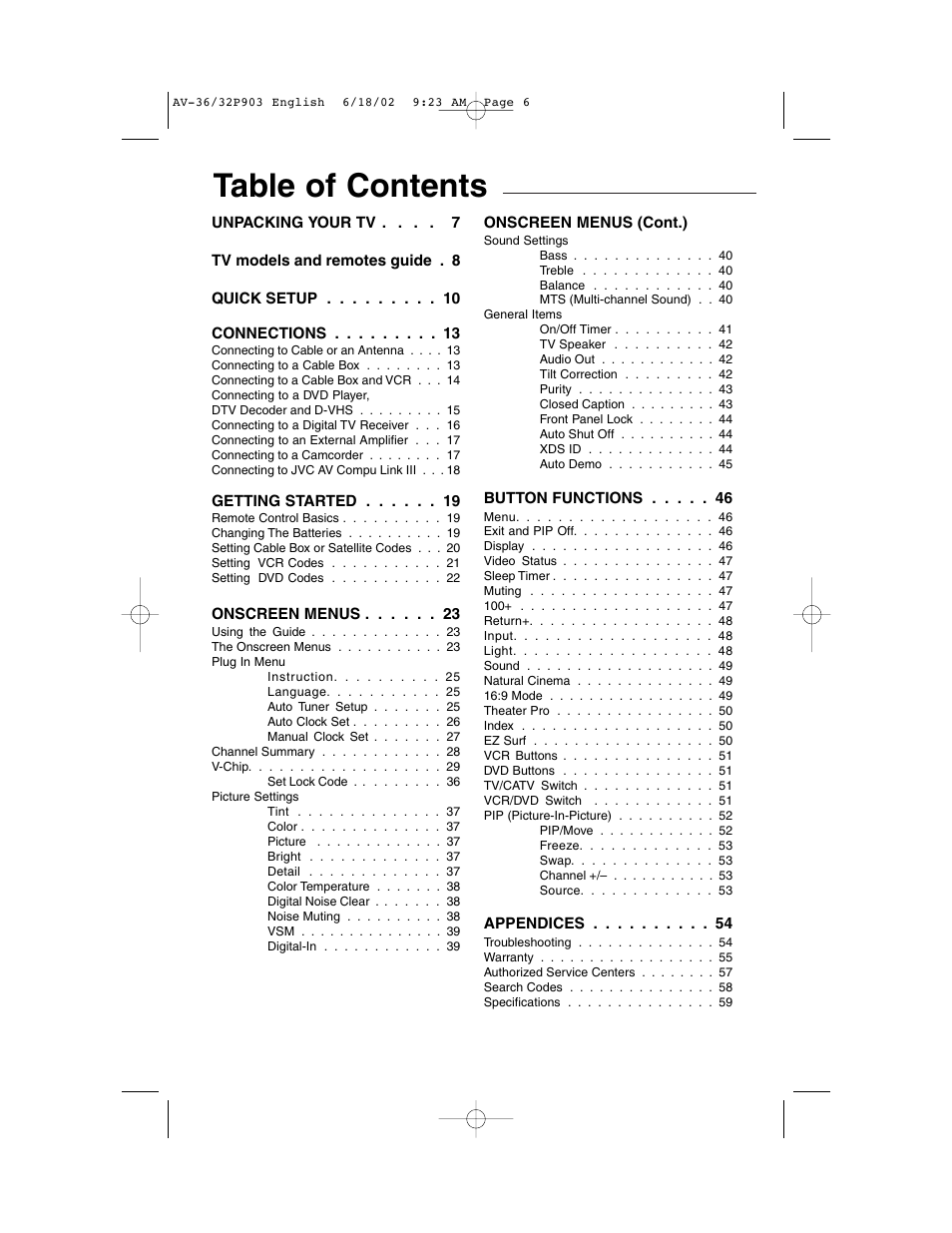 JVC AV 32P903 User Manual | Page 6 / 60