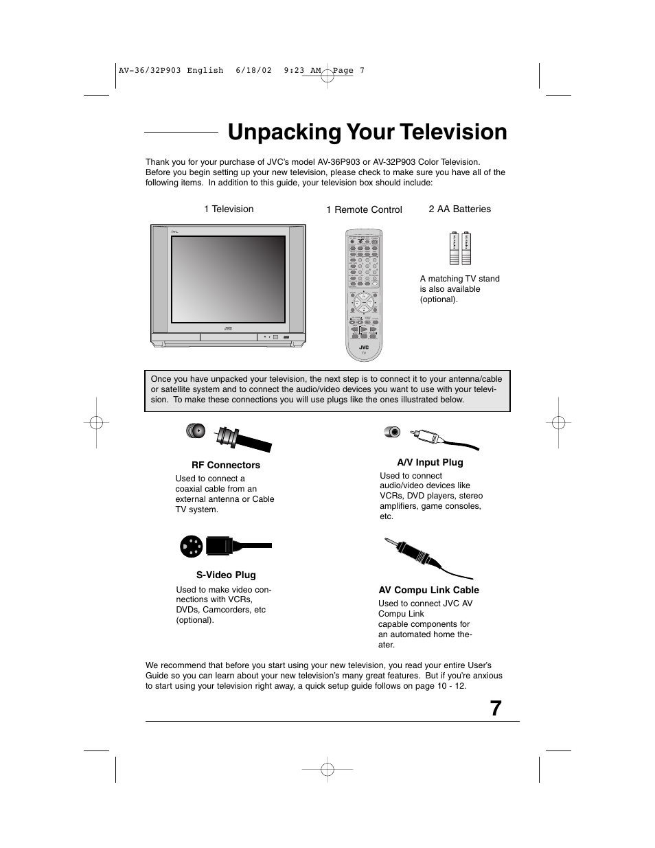 Unpacking your television, Natural cinema, Sound | A/v input plug rf connectors, S-video plug av compu link cable | JVC AV 32P903 User Manual | Page 7 / 60